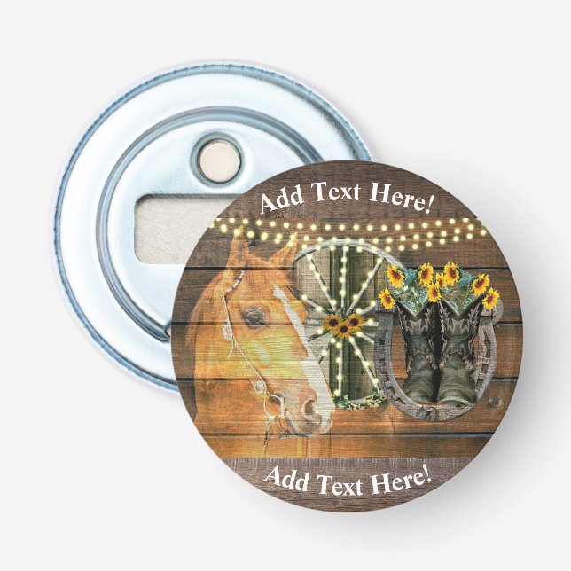 Rustic Horse Sunflowers Wagon Wheel Cowboy Boots Bottle Opener (Front)