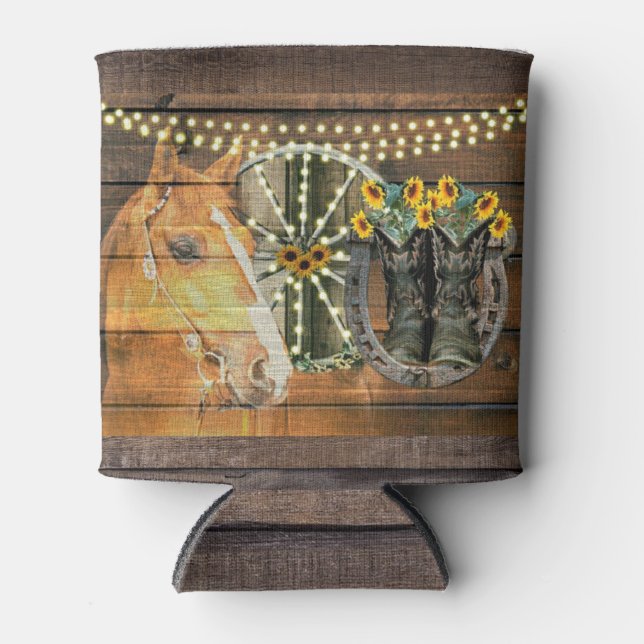 Rustic Horse Sunflowers Wagon Wheel Cowboy Boots Can Cooler (Front)