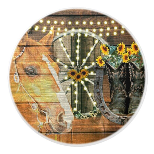 Rustic Horse Sunflowers Wagon Wheel Cowboy Boots Ceramic Knob (Front)