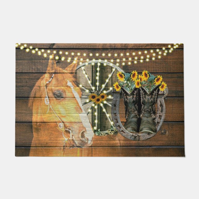 Rustic Horse Sunflowers Wagon Wheel Cowboy Boots Doormat (Front)