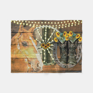 Rustic Horse Sunflowers Wagon Wheel Cowboy Boots Fleece Blanket