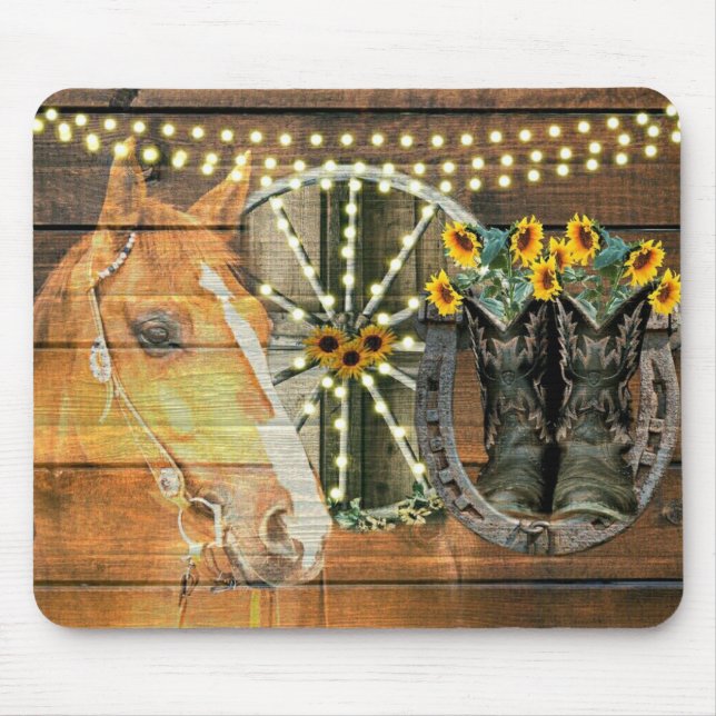 Rustic Horse Sunflowers Wagon Wheel Cowboy Boots Mouse Mat (Front)