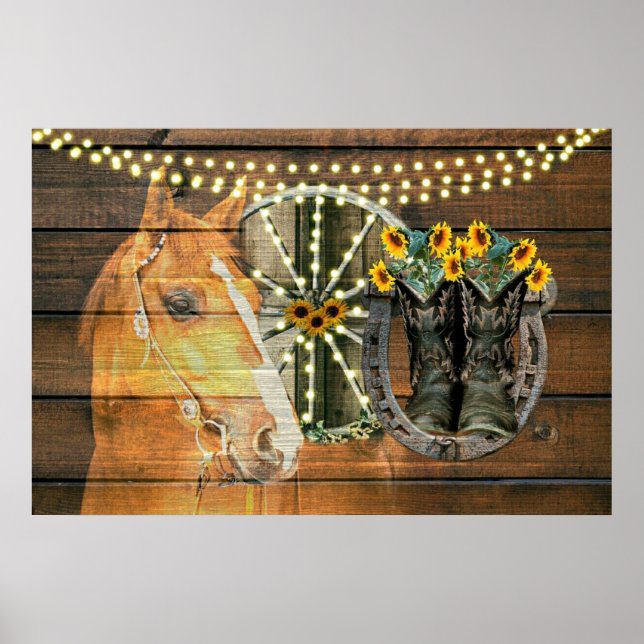 Rustic Horse Sunflowers Wagon Wheel Cowboy Boots Poster (Front)