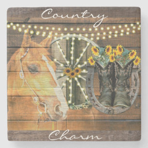 Rustic Horse Sunflowers Wagon Wheel Cowboy Boots Stone Coaster