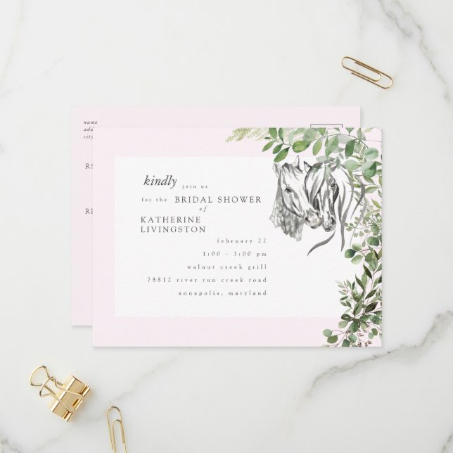 Rustic Horses Nuzzling Pink Bridal Shower   Invitation Postcard (Front/Back In Situ)