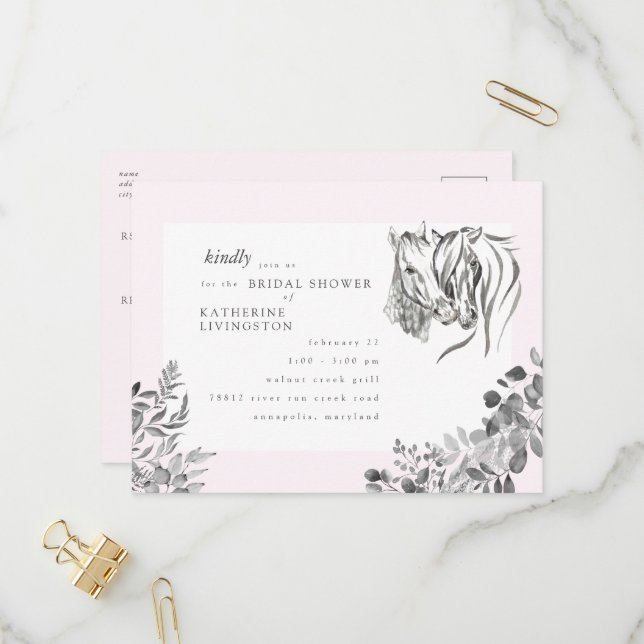 Rustic Horses Nuzzling Pink Bridal Shower    Invitation Postcard (Front/Back In Situ)