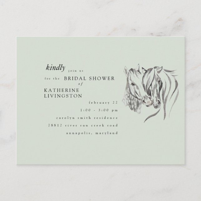 Rustic Horses Nuzzling Sage Bridal Shower  Postcard (Front)