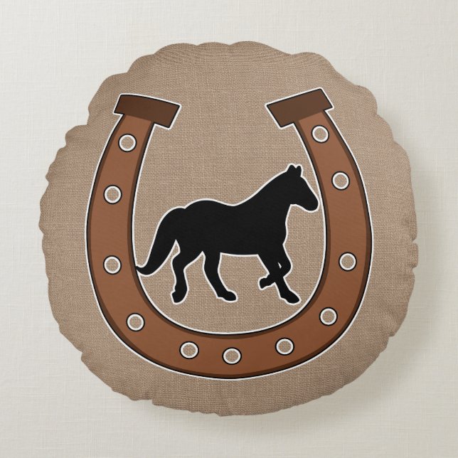 Rustic Horseshoe and Black Horse Faux Burlap Round Cushion (Front)