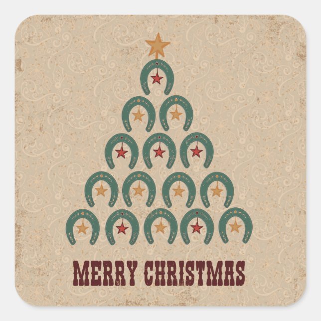 Rustic Horseshoe Christmas Tree Square Sticker (Front)