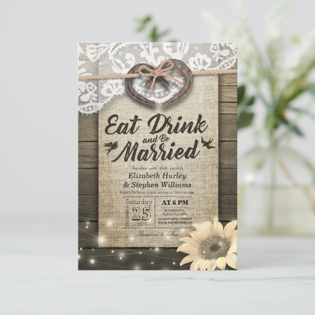 Rustic Horseshoe Lace EAT Drink Be Married Wedding Invitation (Standing Front)