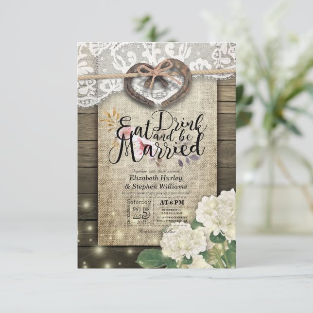 Rustic Horseshoe Lace EAT Drink Be Married Wedding Invitation (Standing Front)