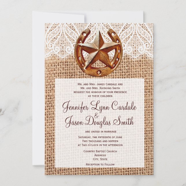 Rustic Horseshoe Star Burlap Wedding Invitations (Front)