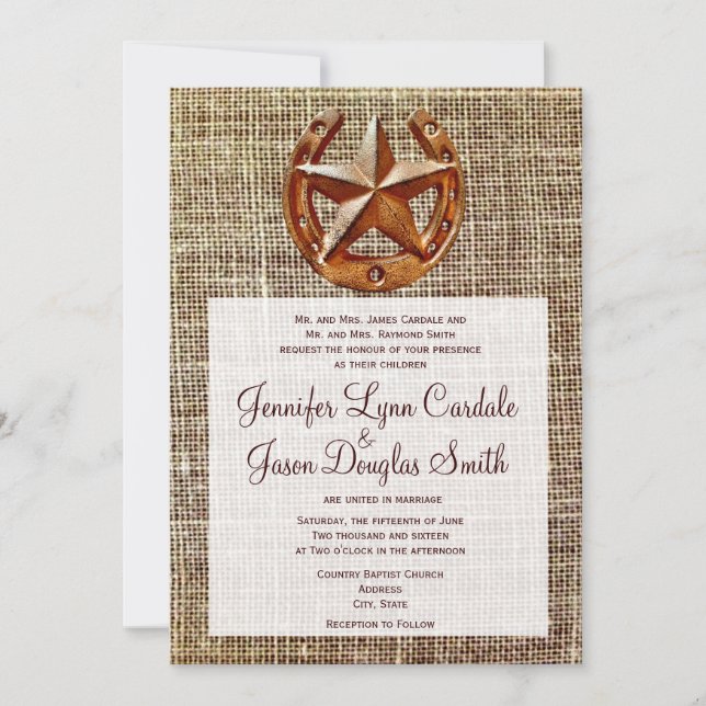 Rustic Horseshoe Star Burlap Wedding Invitations (Front)