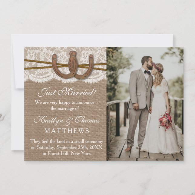 Rustic Horseshoe Wedding Photo Marriage Announcement (Front)