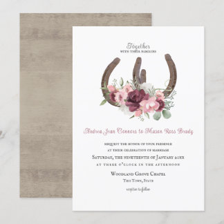 Rustic Horseshoes and Flowers Burgundy Pink Invita Invitation