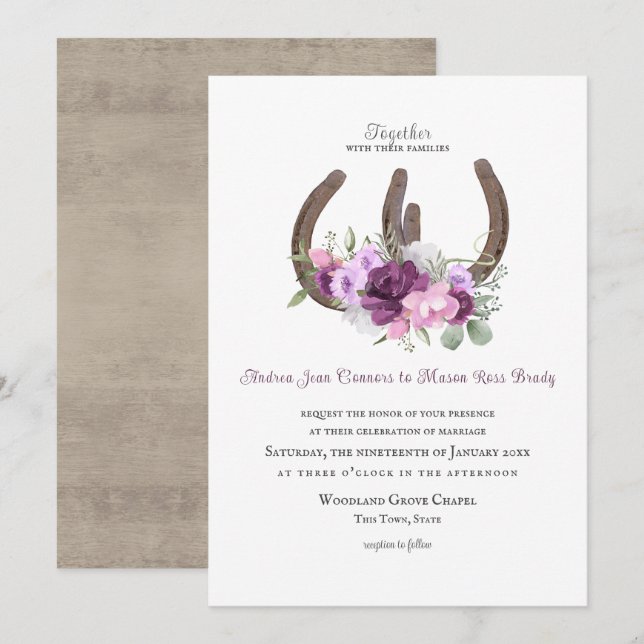Rustic Horseshoes and Flowers Purple Invitation (Front/Back)