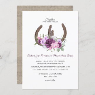 Rustic Horseshoes and Flowers Purple Invitation