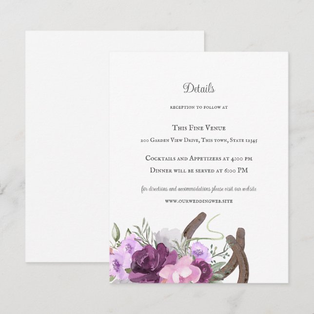 Rustic Horseshoes and Flowers Purple Invitation (Front/Back)