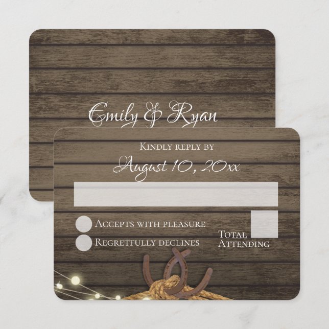 Rustic Horseshoes Barn Wood Lights Wedding RSVP Invitation (Front/Back)