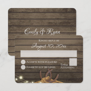 Rustic Horseshoes Barn Wood Lights Wedding RSVP Invitation
