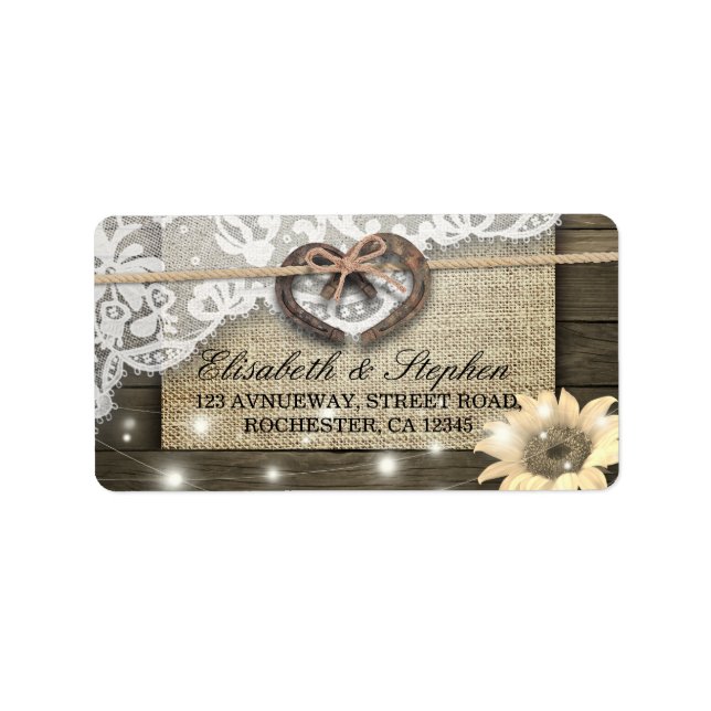 Rustic Horseshoes Burlap Lace Sunflowers Weddings  Label (Front)