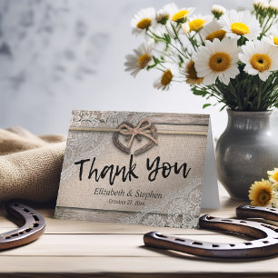 Rustic Horseshoes Burlap Lace Wedding Thank You Card