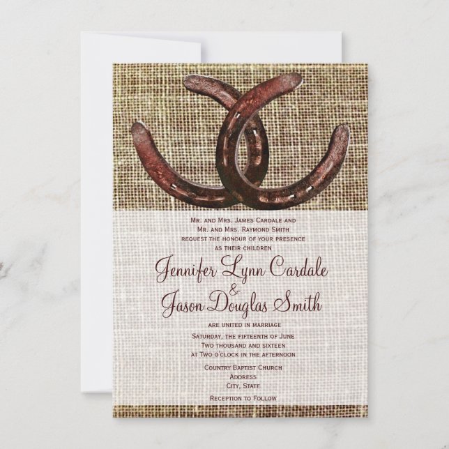 Rustic Horseshoes Burlap Print Wedding Invitations (Front)