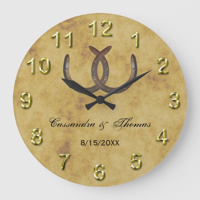 Rustic Horseshoes Distressed BG Large Clock (Front)