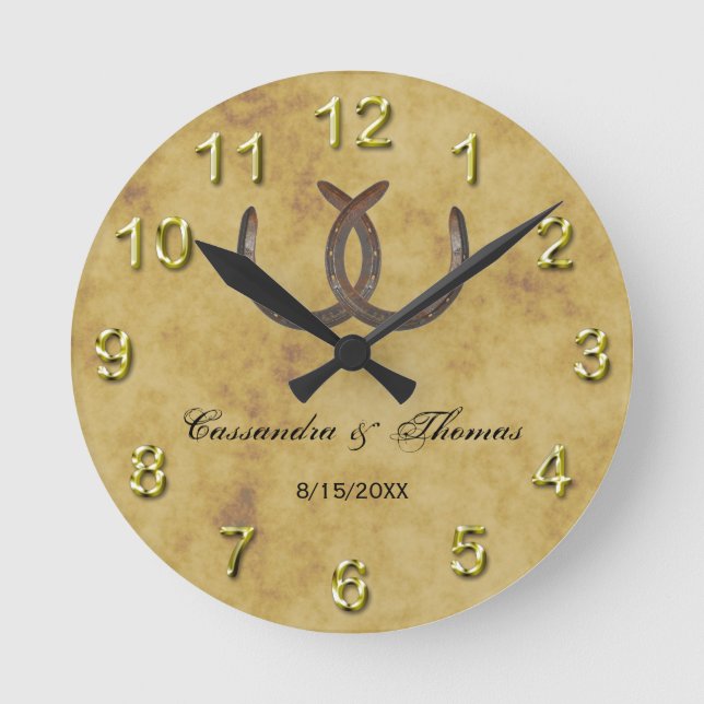 Rustic Horseshoes Distressed BG Round Clock (Front)