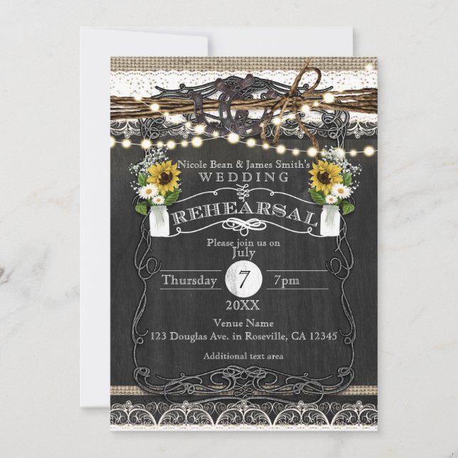 Rustic Horseshoes & Flowers Country REHEARSAL Invitation (Front)