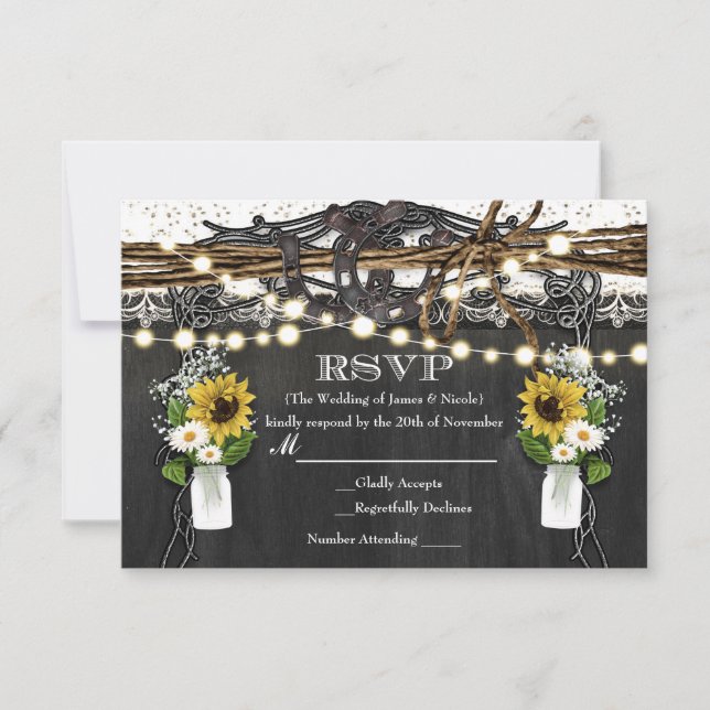Rustic Horseshoes & Flowers Country Wedding RSVP Card (Front)