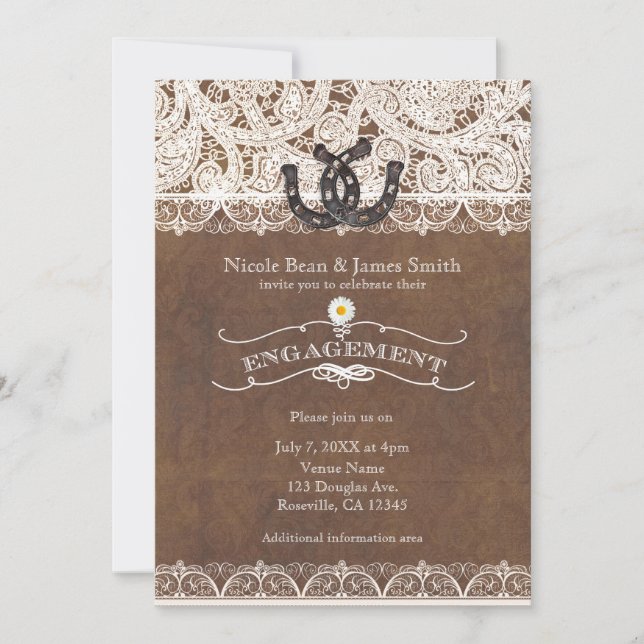 Rustic Horseshoes & Lace Country ENGAGEMENT Invitation (Front)
