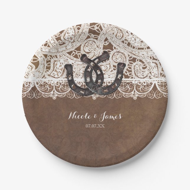 Rustic Horseshoes & Lace Country Wedding Plates (Front)