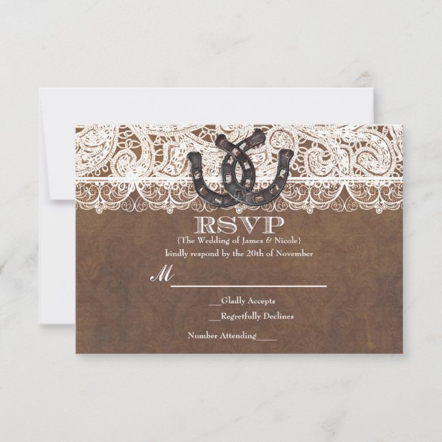 Rustic Horseshoes & Lace Country Wedding RSVP card (Front)