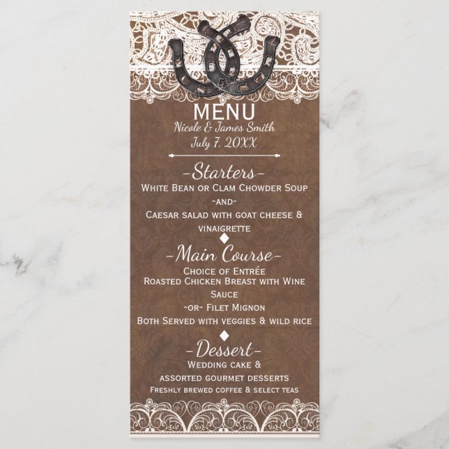 Rustic Horseshoes & Lace Country Western Menu Card (Front)