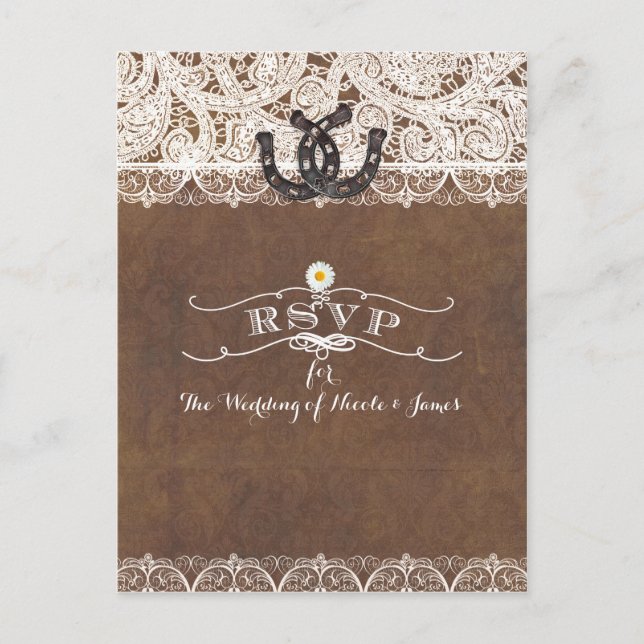 Rustic Horseshoes & Lace Country Western RSVP card (Front)