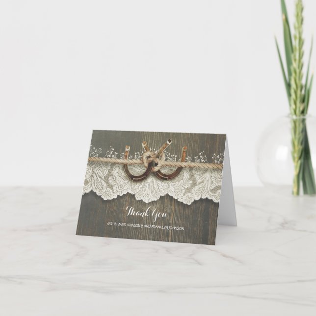 Rustic Horseshoes Lace Wood Wedding Thank You (Front)