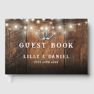 Rustic Horseshoes String Lights Barn Wood Wedding Guest Book