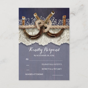 Rustic Horseshoes Wood Lace Navy Wedding RSVP Card