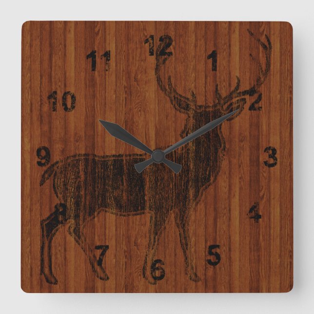 Rustic Hot Branded Deer Image in wood Square Wall Clock (Front)