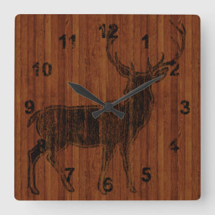 Rustic Hot Branded Deer Image in wood Square Wall Clock