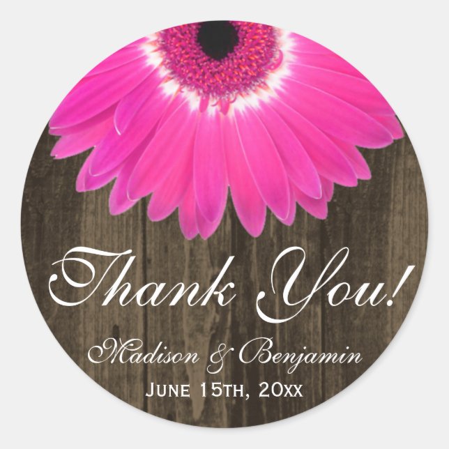 Rustic Hot Pink Daisy Wedding Thank You Sticker (Front)