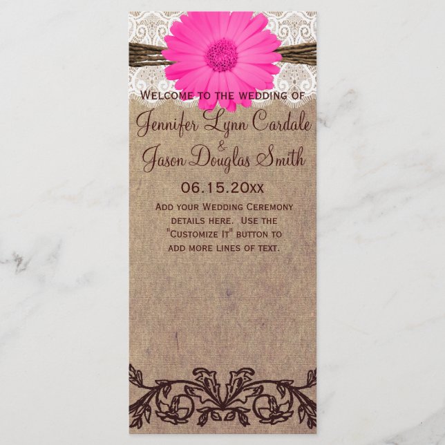 Rustic Hot Pink Gerber Daisy Wedding Program Programme (Front)