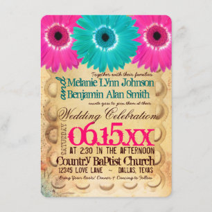 Rustic Hot Pink Teal Daisies Wedding Invitations