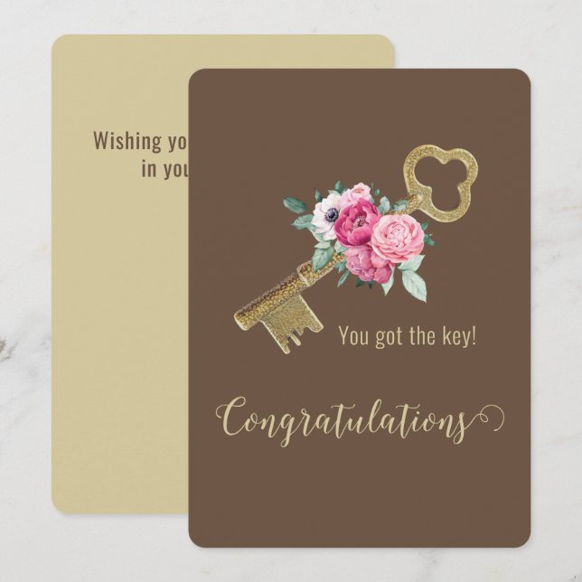 Rustic House Key Floral Watercolor Congratulations Card (Front/Back)
