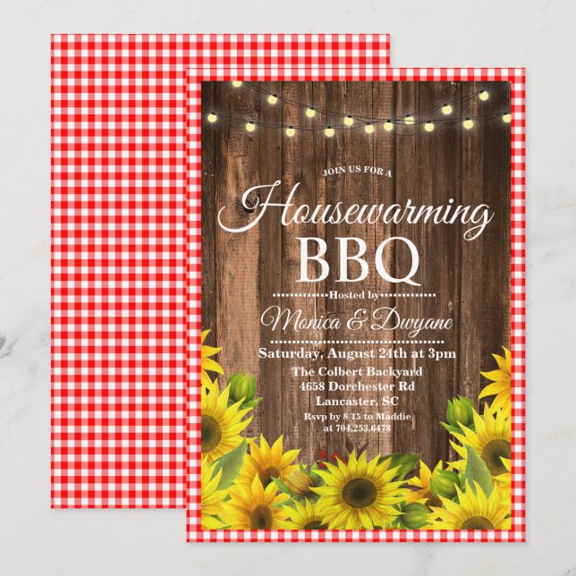 Rustic Housewarming BBQ Sunflower Invitation (Front/Back)
