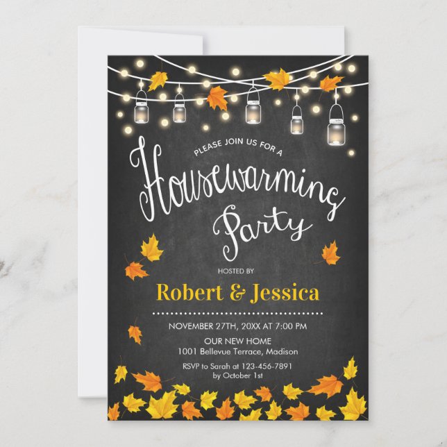 Rustic Housewarming Party - Chalkboard Fall Leaves Invitation (Front)