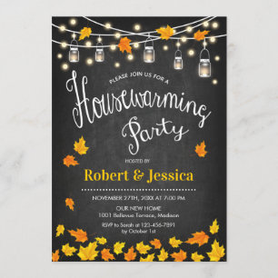 Rustic Housewarming Party - Chalkboard Fall Leaves Invitation