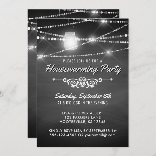 Rustic Housewarming Party Chalkboard Lights Invitation (Front/Back)