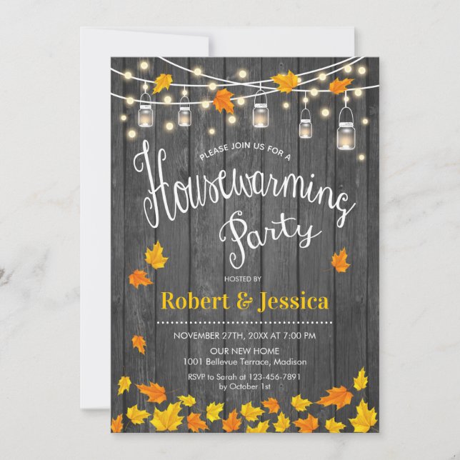 Rustic Housewarming Party - Gray Wood Fall Leaves Invitation (Front)